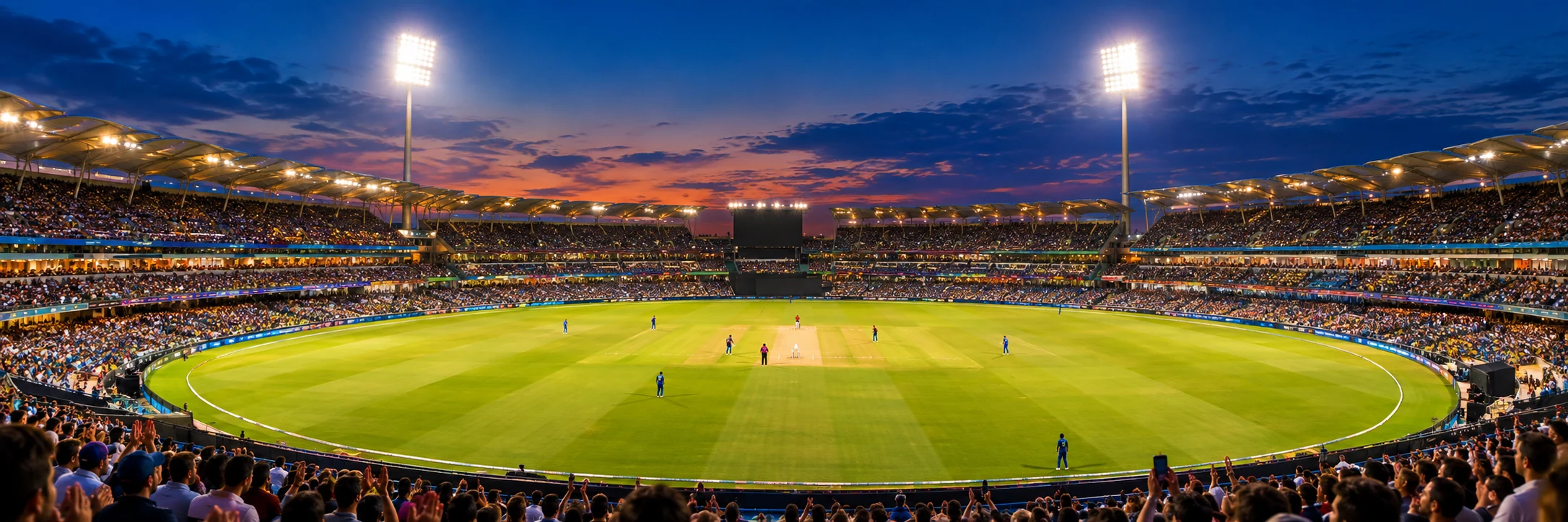 About Packed cricket stadium under floodlights at dusk